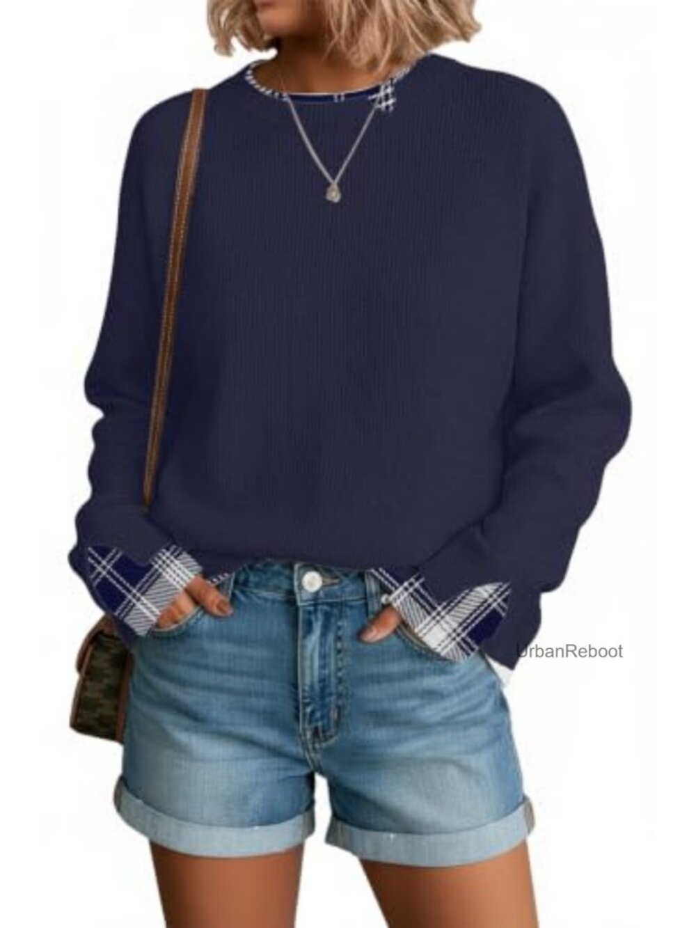 Oversized Cut-Out Crew Neck Pullover Sweater Ribbed Knit Patchwork - Picture 3 of 5